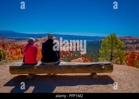 BRYCE CANYON, Utah, juin, 07, 2018 : des personnes non identifiées, assis sur un journal, et bénéficier de tous les spires par l'érosion dans le Parc National de Bryce Canyon, Utah Banque D'Images