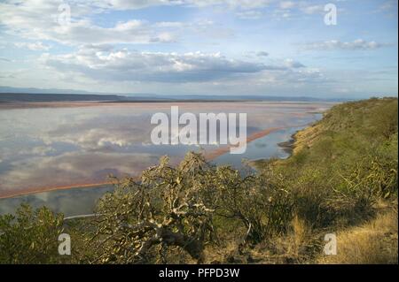 Kenya, Rift Valley, le lac Magadi, vue sur le lac et le rivage de l'eau dans les nuages Banque D'Images