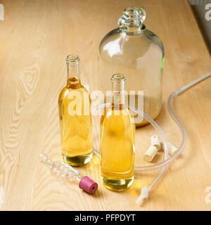 Deux bouteille verre de vin fait maison avec un demijohn, sas, bouchons et tubes en plastique Banque D'Images