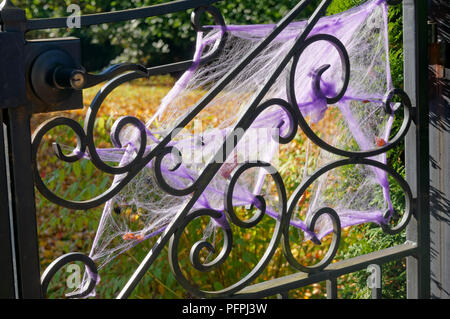 Toiles d'araignées violettes d'Halloween décorant la porte métallique d'une maison Banque D'Images