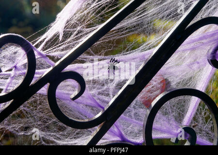 Toiles d'araignées violettes d'Halloween décorant la porte métallique d'une maison Banque D'Images