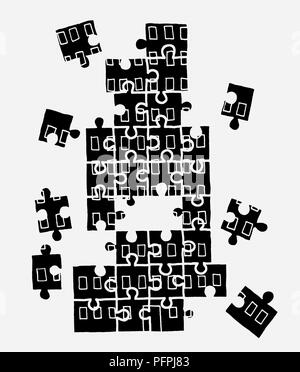 Illustration noir et blanc de pièces du puzzle s'assembler Banque D'Images