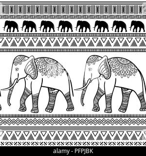 Modèle transparent avec les éléphants et bande ethnique ornements géométriques. Résumé fond monochrome. Le design textile. Vector illustration. Illustration de Vecteur