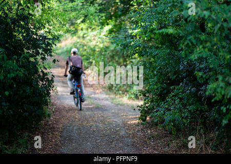 Vélo homme floue à partir de travaux sur un chemin dans la forêt au milieu de la ville Banque D'Images