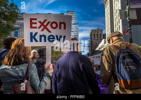 New York City, USA. 29 Novembre 2015 : une femme est titulaire d'un panneau pendant le changement climatique mondial mars à New York City, USA. Banque D'Images