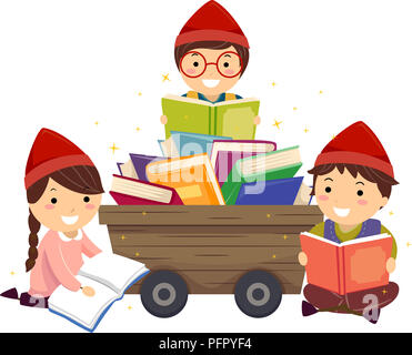Illustration de Stickman Kids en costume Nain la lecture de livres à côté d'un panier rempli de livres Banque D'Images