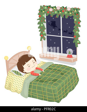 Illustration d'un enfant garçon endormi sur son lit dans la nuit de Noël avec le Père Noël et Renne Silhouette en dehors de la fenêtre Banque D'Images