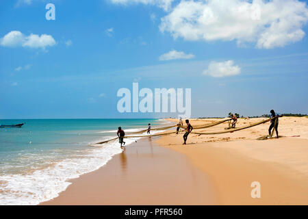 Sri Lanka, département du Nord, la péninsule de Jaffna, Jaffna, Manalkadu, pêcheurs tirant filet de pêche sur la plage Banque D'Images