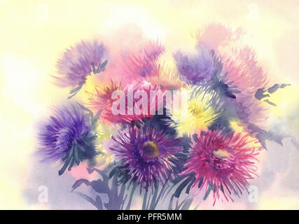 Un bouquet d'asters couleur de fond à l'aquarelle Banque D'Images