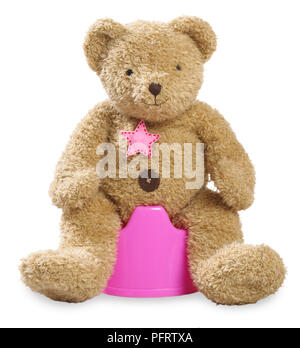 Ours en peluche assis sur le pot rose Banque D'Images