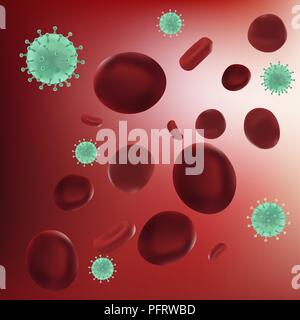 Les globules rouges réalistes avec le virus au microscope sur fond rouge. Virus, Bactéries cellules de micro-organismes. Illustration 3D de vecteur Illustration de Vecteur