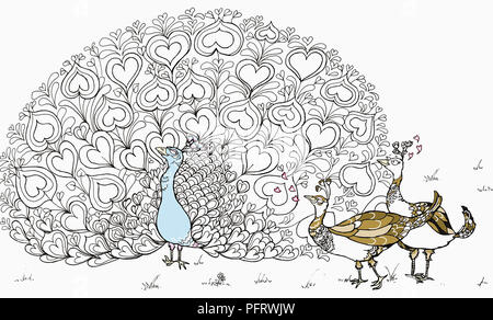 Illustration de peacock et poules Banque D'Images