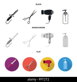 Sèche-cheveux, d'un sèche-cheveux, lotion, ciseaux. Coiffure set icônes collection en noir, plat, style monochrome symbole vecteur illustration de stock . Illustration de Vecteur