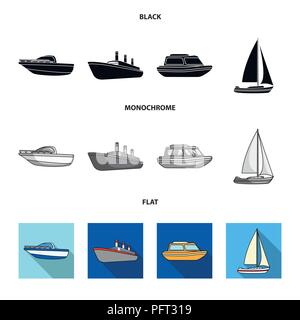 Bateau de sauvetage, de protection, de marchandises navire à vapeur, location de bateaux et de sports.le transport de l'eau collection set icônes en noir, plat, style monochrome vector cote s Illustration de Vecteur