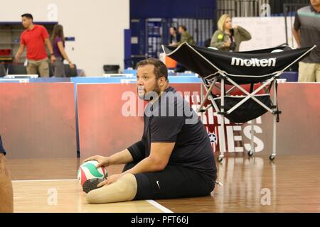 Vétéran de l'armée américaine Le Capitaine Alex Wilson attend d'obtenir le feu vert pour servir au cours de la pratique de volleyball assis, le 30 mai 2018, à l'US Air Force Academy Centre Cadet de sports, en préparation pour le ministère de la Défense 2018 Jeux de guerrier. Le Guerrier du DoD est un jeux concours sportif adapté des blessés, des malades et des blessés militaires et anciens combattants. Environ 300 athlètes représentant les équipes de l'Armée, Marine Corps, la marine, la Force aérienne, Commandement des opérations spéciales, les Forces armées du Royaume-Uni, Forces armées canadiennes, et la Force de défense australienne sera en concurrence 1 juin - 9 en tir à l'arc, cycl Banque D'Images