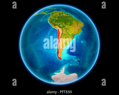 Le Chili en rouge avec des frontières du pays visibles depuis l'espace. 3D illustration. Éléments de cette image fournie par la NASA. Banque D'Images