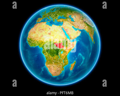 Le Soudan du Sud en rouge avec des frontières du pays visibles depuis l'espace. 3D illustration. Éléments de cette image fournie par la NASA. Banque D'Images