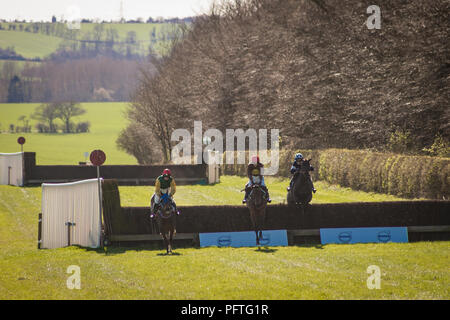 Point to Point courses hippiques à Horseheath, Cambridgeshire, Angleterre sous le soleil, le froid, l'après-midi de printemps. Banque D'Images