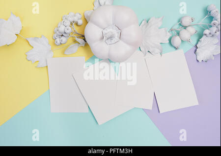 La citrouille, les baies et les feuilles avec une maquette sur un cadre blanc pastel multicolore automne fond blanc avec des feuilles de papier. Carte de souhaits pour Thanksgivin Banque D'Images