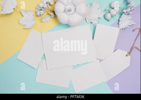 Feuilles de papier blanc à la citrouille, de baies et de feuilles. Maquette du châssis blanc sur un fond d'automne pastel multicolore. Carte de souhaits pour Thanksgiving Da Banque D'Images