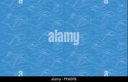 Modèle sans couture à la main avec les vagues au croquis style. Vector background sans fin dans le bleu. Illustration de Vecteur