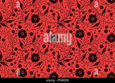 Seamless Vector pattern design floral hand drawn : pavots noirs avec vintage feuilles sur un fond rouge. Style National Illustration de Vecteur