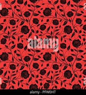 Seamless Vector pattern design floral hand drawn : roses noires avec bourgeons et feuilles sur fond rouge Illustration de Vecteur