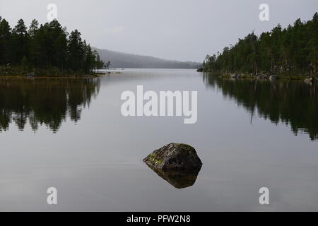 Réflexion sur le lac calme entouré de forêt en Laponie, Finlande Banque D'Images