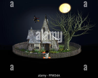 Le rendu 3D d'une sorcière spooky maison la nuit avec des citrouilles d'halloween, Black Cat, une sorcière et une pleine lune. Banque D'Images