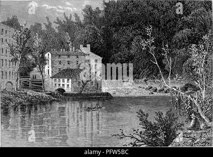 Tirage d'époque en noir et blanc représentant une personne ou un kayak aviron canoë sur la rivière Brandywine en face d'une région boisée, avec plusieurs grands bâtiments dans une filature de coton dans l'arrière-plan, situé dans l'Ridele ou Riddle's Bank, de la Brandywine River, en Pennsylvanie, illustré par Granville, Perkins et publié dans William Cullen Bryant's edited volumes 'Amérique pittoresque ; ou, le pays dans lequel nous vivons", 1872. Avec la permission de Internet Archive. () Banque D'Images