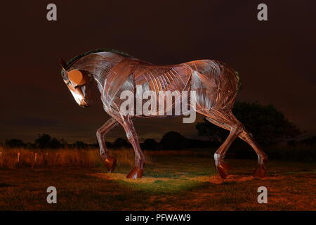 Cheval de guerre War Memorial de nuit à Mill Pond Meadow in Featherstone West Yorkshire. Banque D'Images