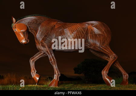 Cheval de guerre War Memorial de nuit à Mill Pond Meadow in Featherstone West Yorkshire. Banque D'Images