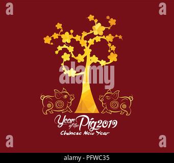 Le Nouvel An chinois 2019, cochon d'or autour de la position géométrique Illustration de Vecteur