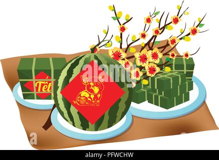 Gâteau de riz gluant cuit square, nouvel an vietnamien. (Traduction 'Tết' : nouvelle année lunaire) Illustration de Vecteur