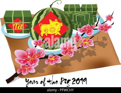 Gâteau de riz gluant cuit square, nouvel an vietnamien. (Traduction 'Tết' : nouvelle année lunaire) Illustration de Vecteur