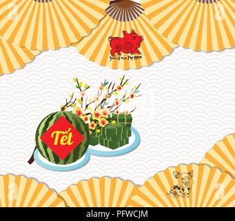 Gâteau de riz gluant cuit square, nouvel an vietnamien. (Traduction 'Tết' : nouvelle année lunaire) Illustration de Vecteur