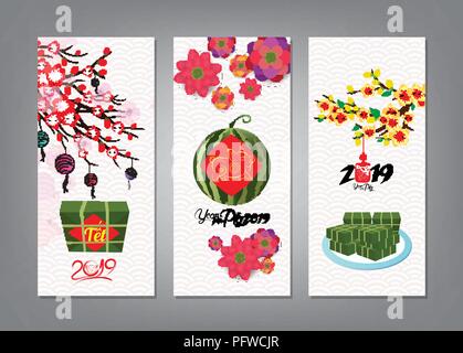 Gâteau de riz gluant cuit square et Blossom, bannière. Nouvel an vietnamien. Nouvel an lunaire Tết traduction Illustration de Vecteur