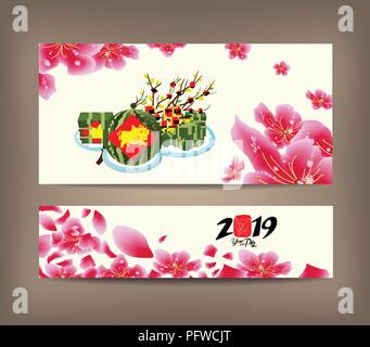 Gâteau de riz gluant cuit square et Blossom, nouvel an vietnamien. (Traduction 'Tết' : nouvelle année lunaire) Illustration de Vecteur