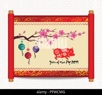 Le nouvel an chinois avec des fleurs et des lanternes. Rouleau horizontal de la peinture traditionnelle chinoise Illustration de Vecteur