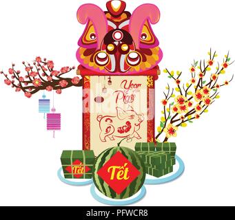 Gâteau de riz gluant cuit square et Blossom, nouvel an vietnamien. Nouvel an lunaire du Têt traduction Illustration de Vecteur