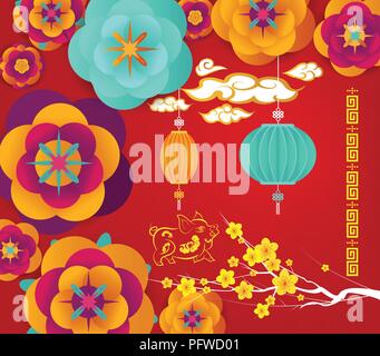 Le nouvel an chinois 2019. Blossom et lanternes background Illustration de Vecteur