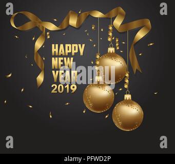 Vector illustration de bonne année 2019 lieu collors or et noir pour le texte des boules de Noël Illustration de Vecteur