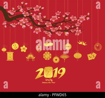 Le nouvel an chinois 2019 à lanterne. Année du cochon Illustration de Vecteur