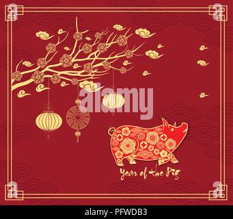 Le nouvel an chinois avec des lanternes suspendues. Année du cochon Illustration de Vecteur