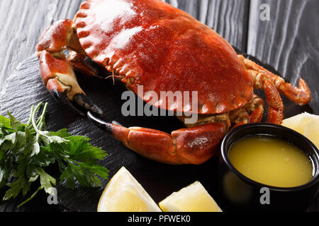 Fruits de mer gastronomique : bouillir ensemble le crabe avec de la sauce brune, citron et persil sur une liste de sélection gros plan sur une table horizontale noire. Banque D'Images