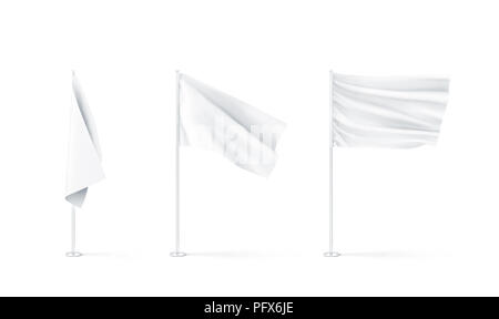 Des drapeaux blancs à blanc, lisse et maquette en agitant, 3d rendnering. Ce fut une claire conception de mât des maquettes. Pôle avec bannière sur le vent. Stigmatiser d'affaires clot Banque D'Images