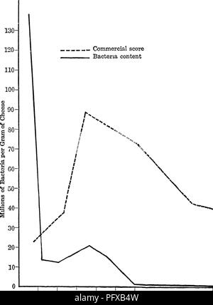 . Bactériologie et mycologie d'aliments. L'alimentation. 430 PRODUITS LAIT IMILK et démontré que le nombre de bactéries diminue plutôt rapidement. Les fromages frais contiennent un grand nombre de bactéries. Ces ont diminué de sorte qu'à la fin de trente ou quarante jours il y en avait moins de 10 000 000 bactéries par gramme. Ces auteurs indiquent qu'un fromage cheddar mûrs sur le plan commercial contient généralement plusieurs millions de vie bac- score Commercial contenu des bactéries. 'Â'N*, â ¢, ****â ¢. 10 20 30 40 50 60 70 80 90 100 110 320 130 jours Fig, 73.Les bactéries et Commercial Contenu Score du fromage cheddar. (D'après Smith et Banque D'Images