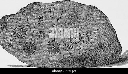 . L'histoire de Victoria du comté de Cumberland. L'histoire naturelle. "..^-^. Une HISTOIRE DE CUMBERLAND non commerçante qui du côté ouest de l'kistvaen, H est de deux pieds huit pouces de longueur, j'ai est de trois pieds de long, et un pied huit pouces de haut. Sur ces pierres sont diverses figures emblématiques dans rude sculpture, bien que certains de ces cercles sont exactement formé, et les bords et traverse l'intérieur de ceux-ci sont coupés en relief. Nous reproduire, de Fergusson est impoli monuments de pierre, l'une des deux pierres, de sorte que leur similitude avec les pierres à l'ancienne parcs nationaux est à la fois vu. Grands Rooke prend les cercles jusqu' Banque D'Images