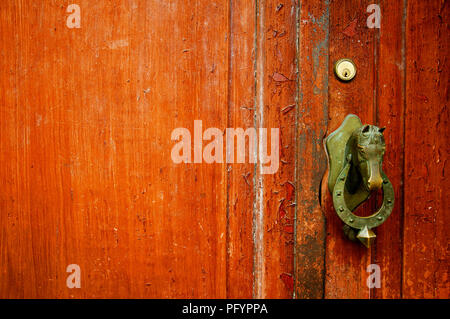 Brown porte avec tête de cheval en bronze doorhandle, Espagne Banque D'Images