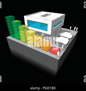 Schéma d'une maison moderne avec cote d'efficacité énergétique diagramme en barres Illustration de Vecteur